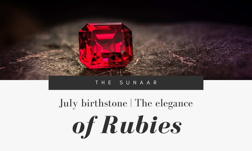 A picture of ruby birthstone with text (July birthstone | The elegance of Rubies)