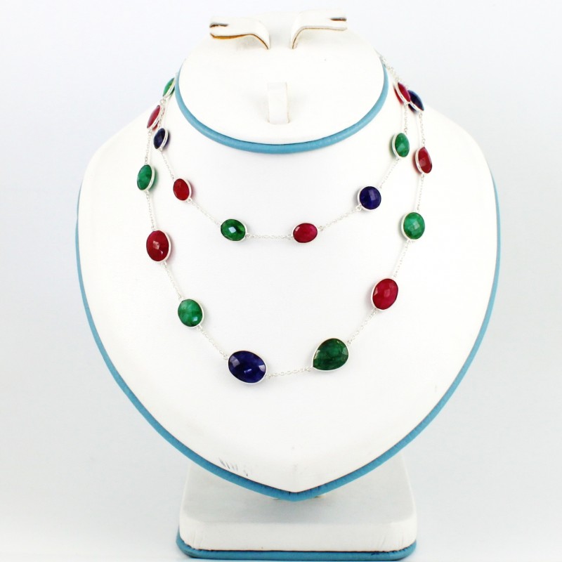 925 Sterling Silver Ruby, Emerald and Sapphire Necklace/Mala