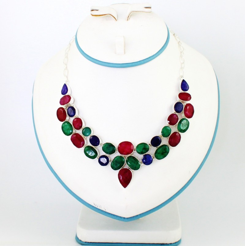 925 Sterling Silver Ruby, Emerald and Sapphire Necklace