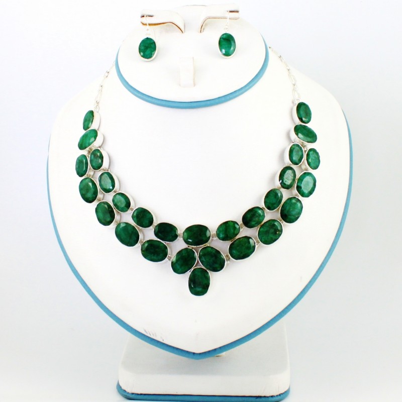 925 Sterling Silver Emerald Necklace Set
