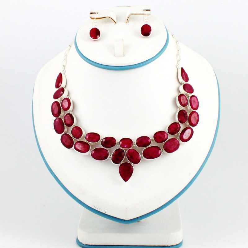 925 Sterling Silver Ruby  Necklace Set