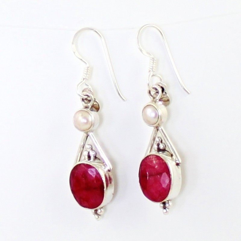 925 Sterling Silver Ruby and Pearl Earrings