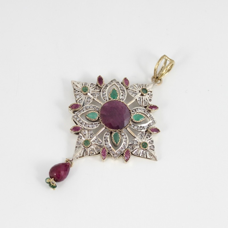 Silver Ruby and Emerald Pendant