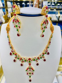 22ct Real Gold Asian/Indian/Pakistani Style Ruby and Emerald Necklace Set & Ring ROYAL COLLECTION